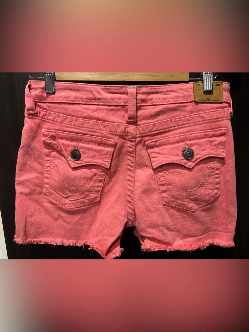 True Religion Coral Pink Girls Denim Cutoff Shorts size 16 or women’s 27